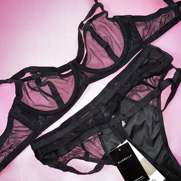 NWT BLUEBELLA unlined 36C BRA SET+M high-waist thong BLACK strappy mesh satin - Picture 6 of 6